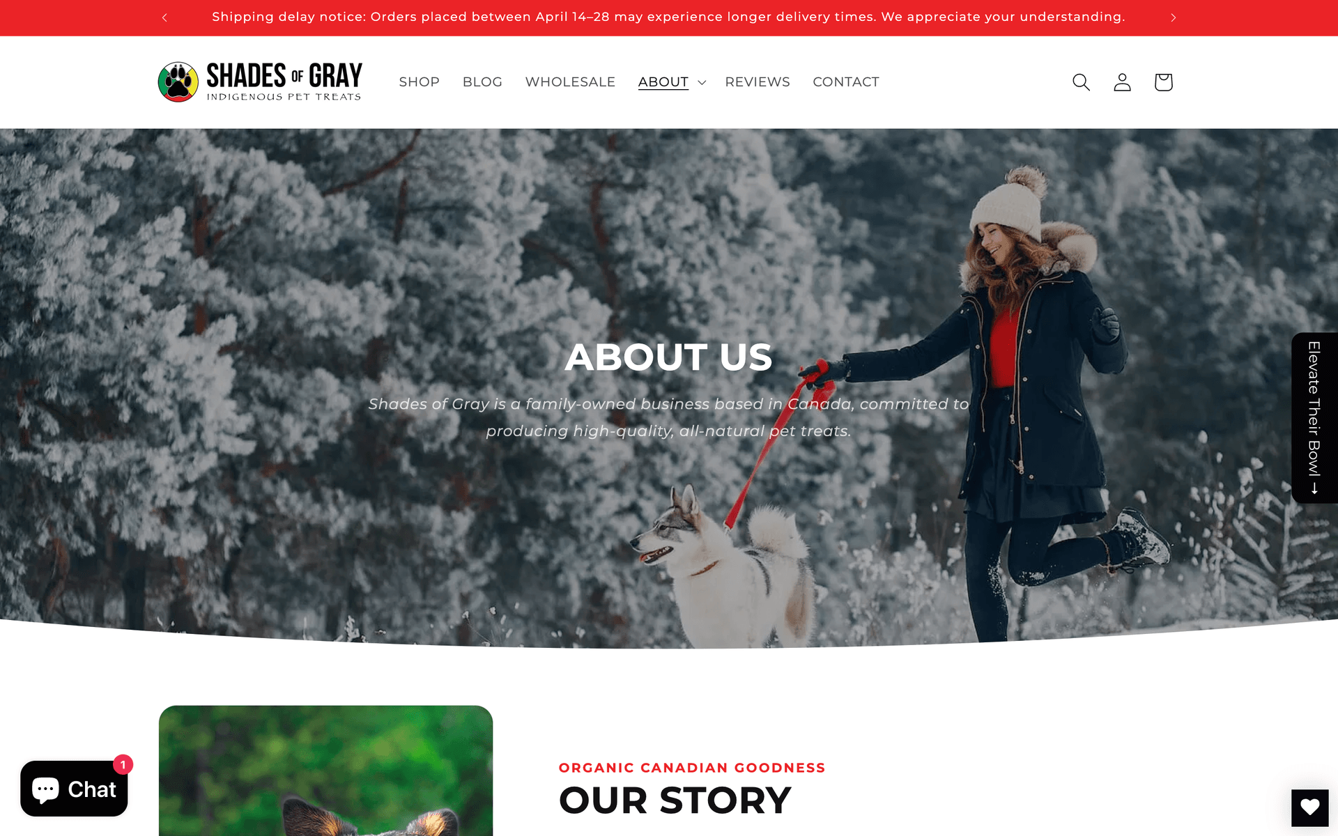 About Us page hero with a full-bleed lifestyle photo of the founder walking a dog through a snow-blanketed forest, with the headline About Us and a subhead about being a family-owned Canadian business making high-quality all-natural pet treats