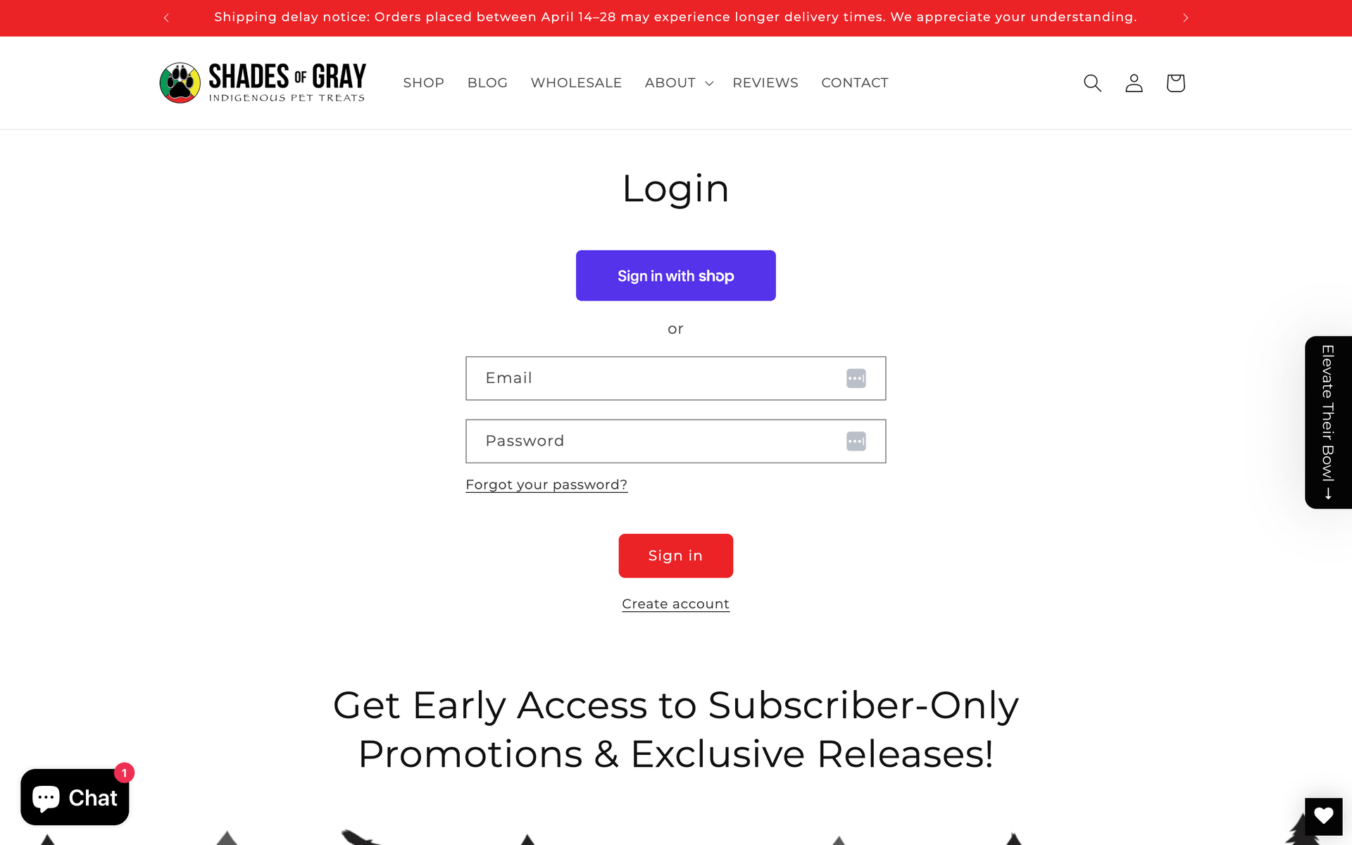 Customer Login page with a Sign in with Shop button, an email and password sign-in fallback, and a subscriber-only promotions promise below the fold