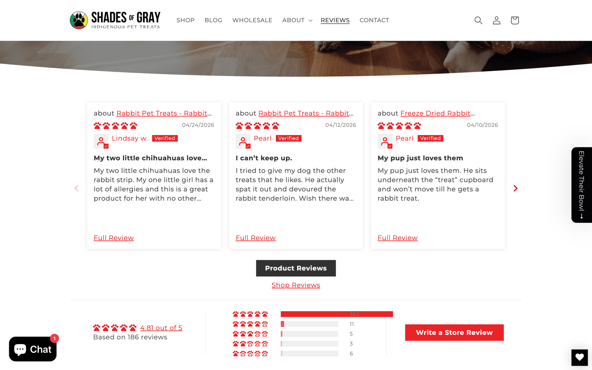 Reviews page showing three verified five-star customer reviews with named reviewers and product attributions, an aggregate score of 4.81 out of 5 based on 186 reviews, and a Write a Store Review call to action