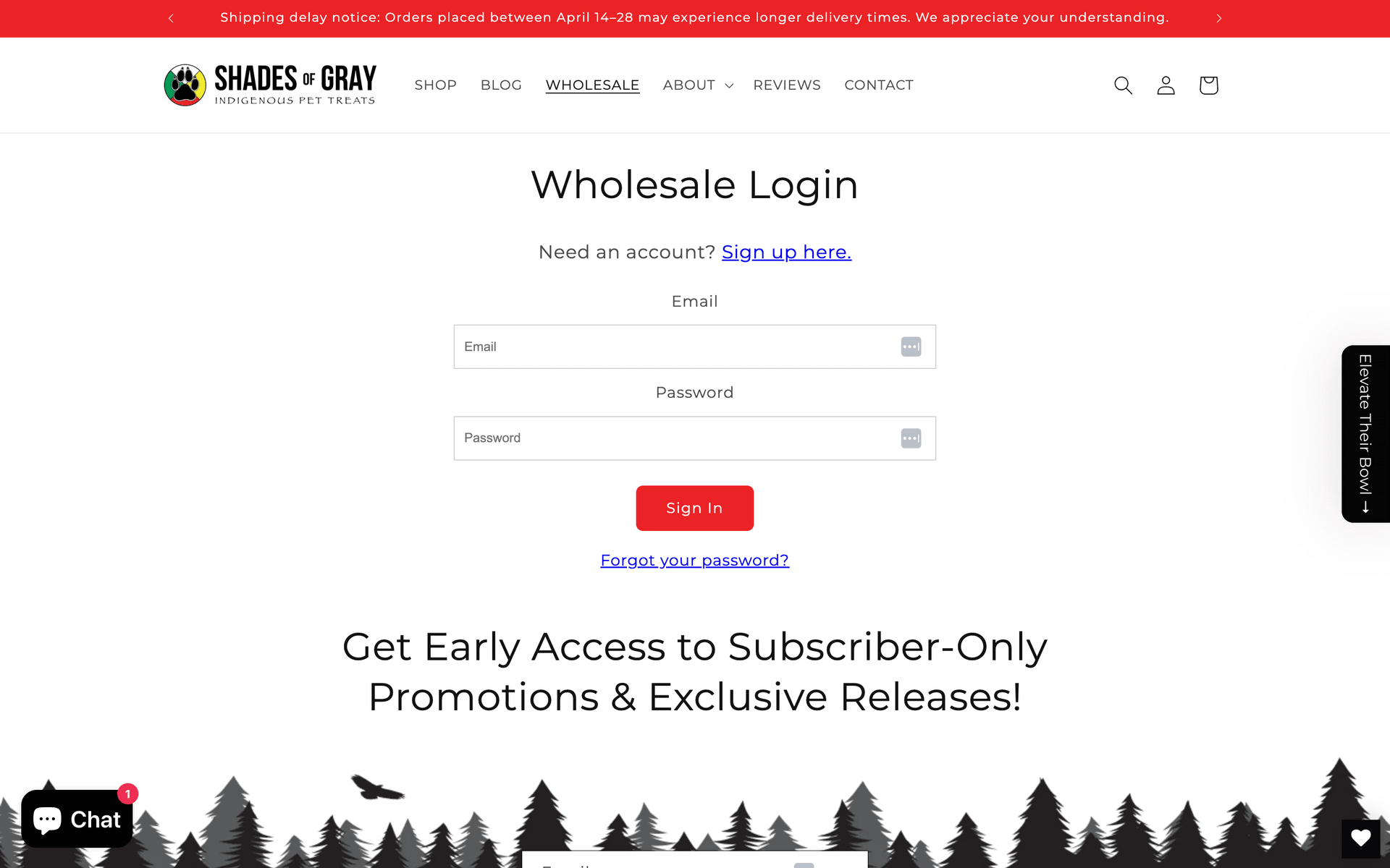 Wholesale Login page with email and password fields, a Sign Up Here link for new wholesale accounts, and a forgot password link
