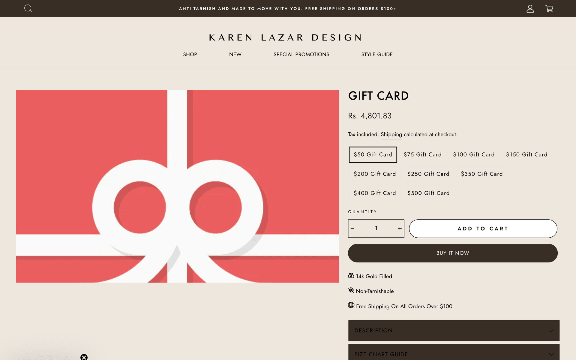 Gift Card product page with nine selectable denominations from $50 to $500 and the same buy box pattern as the main product pages