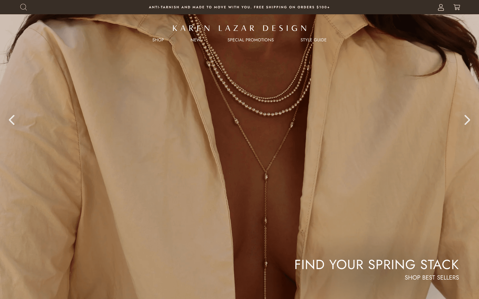 Karen Lazar Design homepage hero featuring layered gold necklaces and a pared-back four-link primary navigation