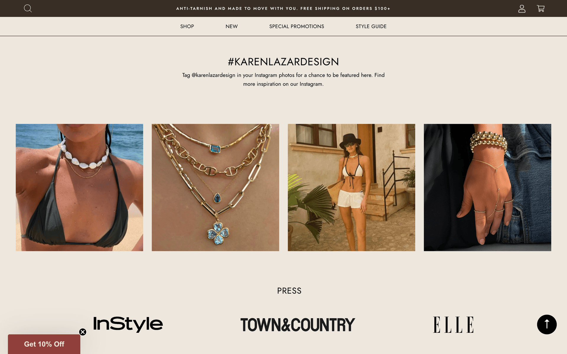 Homepage section showing a four-tile Instagram UGC strip under the hashtag karenlazardesign and a press logo wall featuring InStyle, Town and Country, and Elle