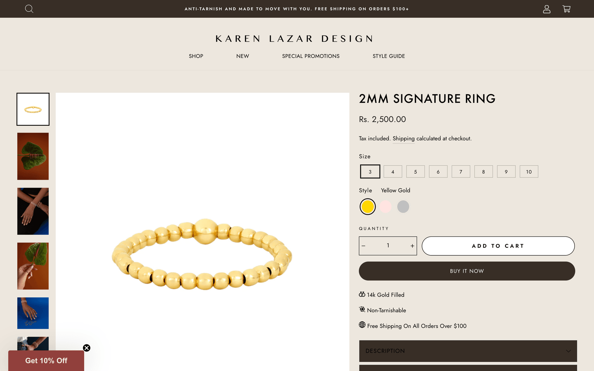 2MM Signature Ring product detail page with ten size options, three style swatches, Add to Cart and Buy It Now buttons, and trust cues for 14k gold filled, non-tarnishable, and free shipping