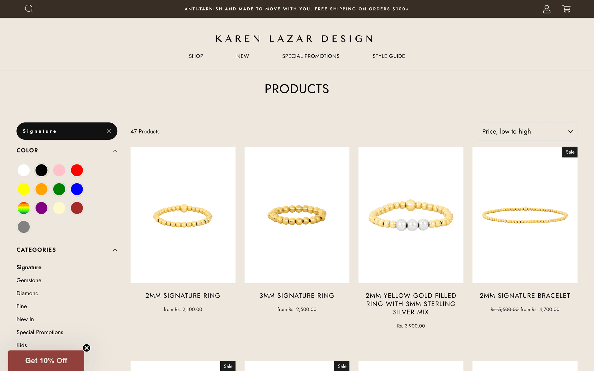 Signature collection listing page showing 47 products, color and category filters in the left rail, sale badges, and a low-to-high price sort