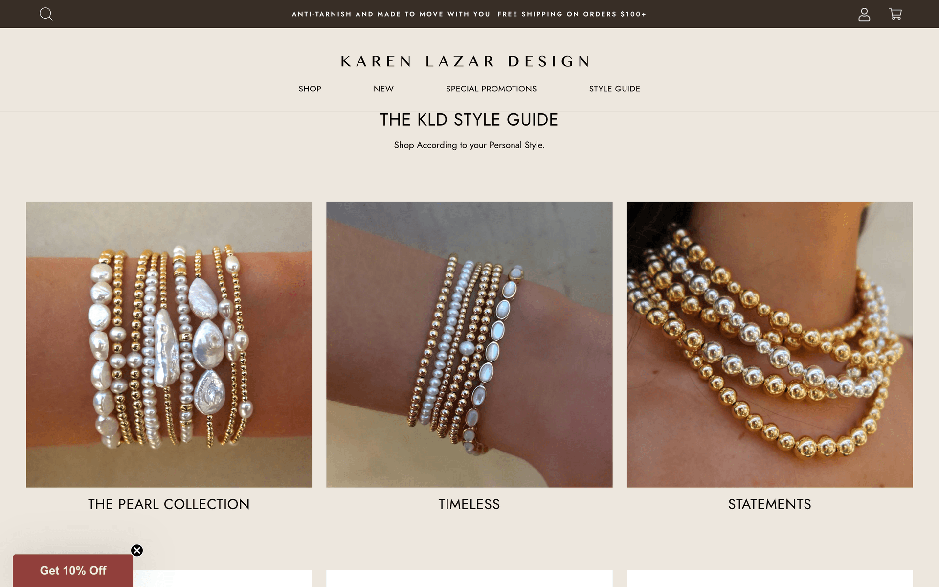 KLD Style Guide page with three lifestyle tiles labeled The Pearl Collection, Timeless, and Statements