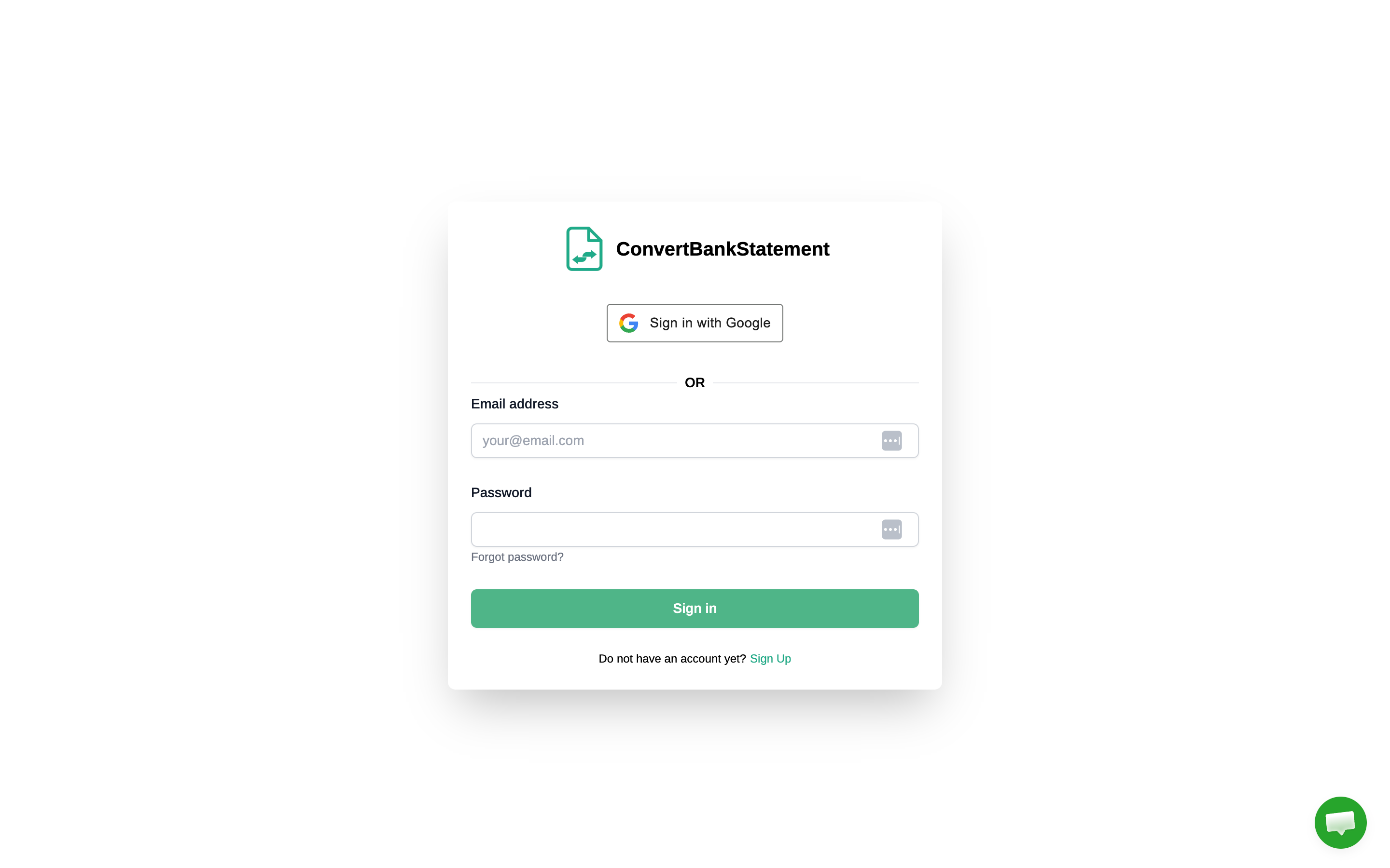 ConvertBankStatement sign-in screen with Sign in with Google button, email and password fields, forgot password link, and Sign Up call to action for new users