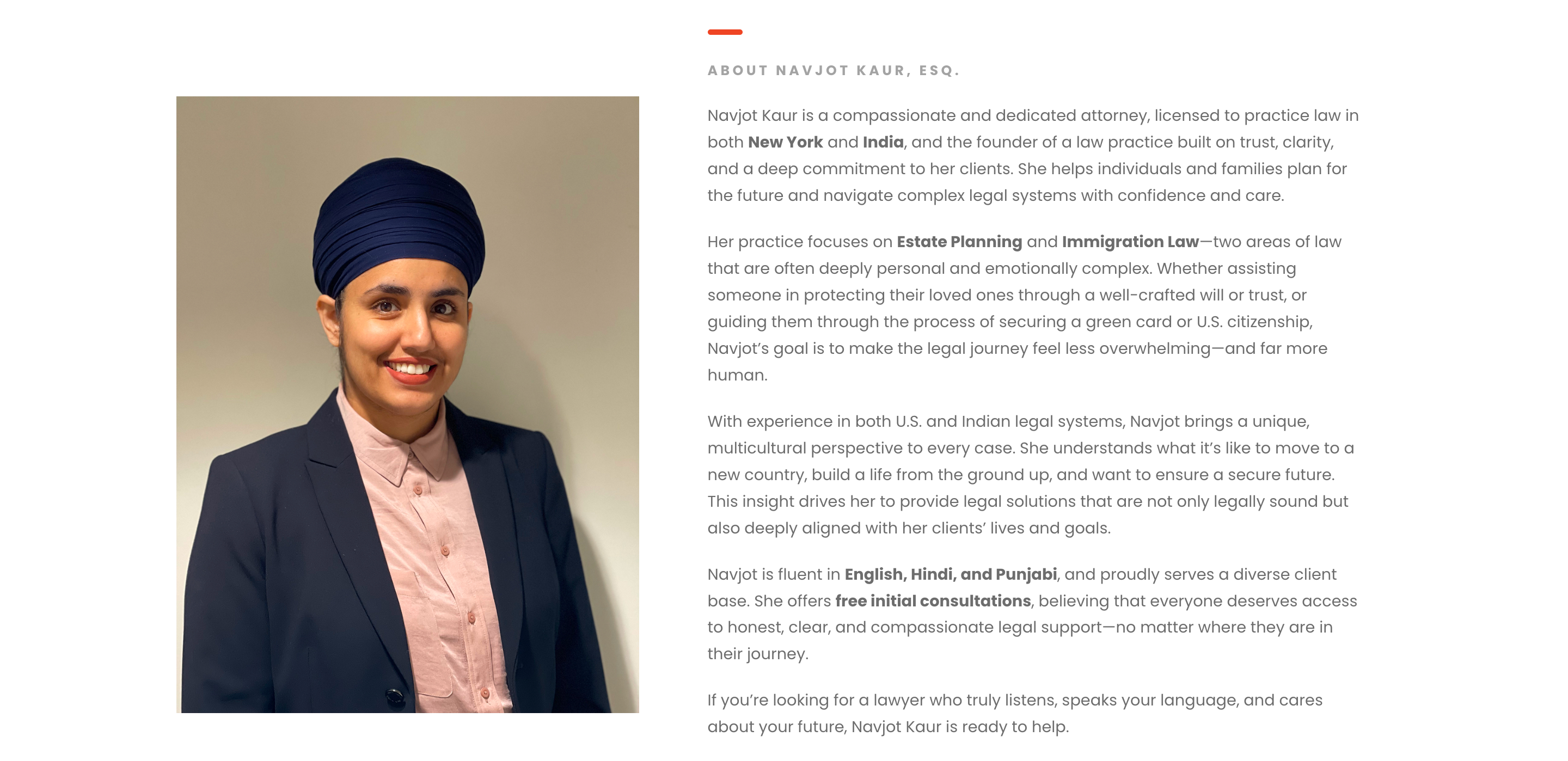 About Us page featuring a portrait of Navjot Kaur alongside a bio highlighting dual licensing in New York and India, fluency in English, Hindi, and Punjabi, and free initial consultations