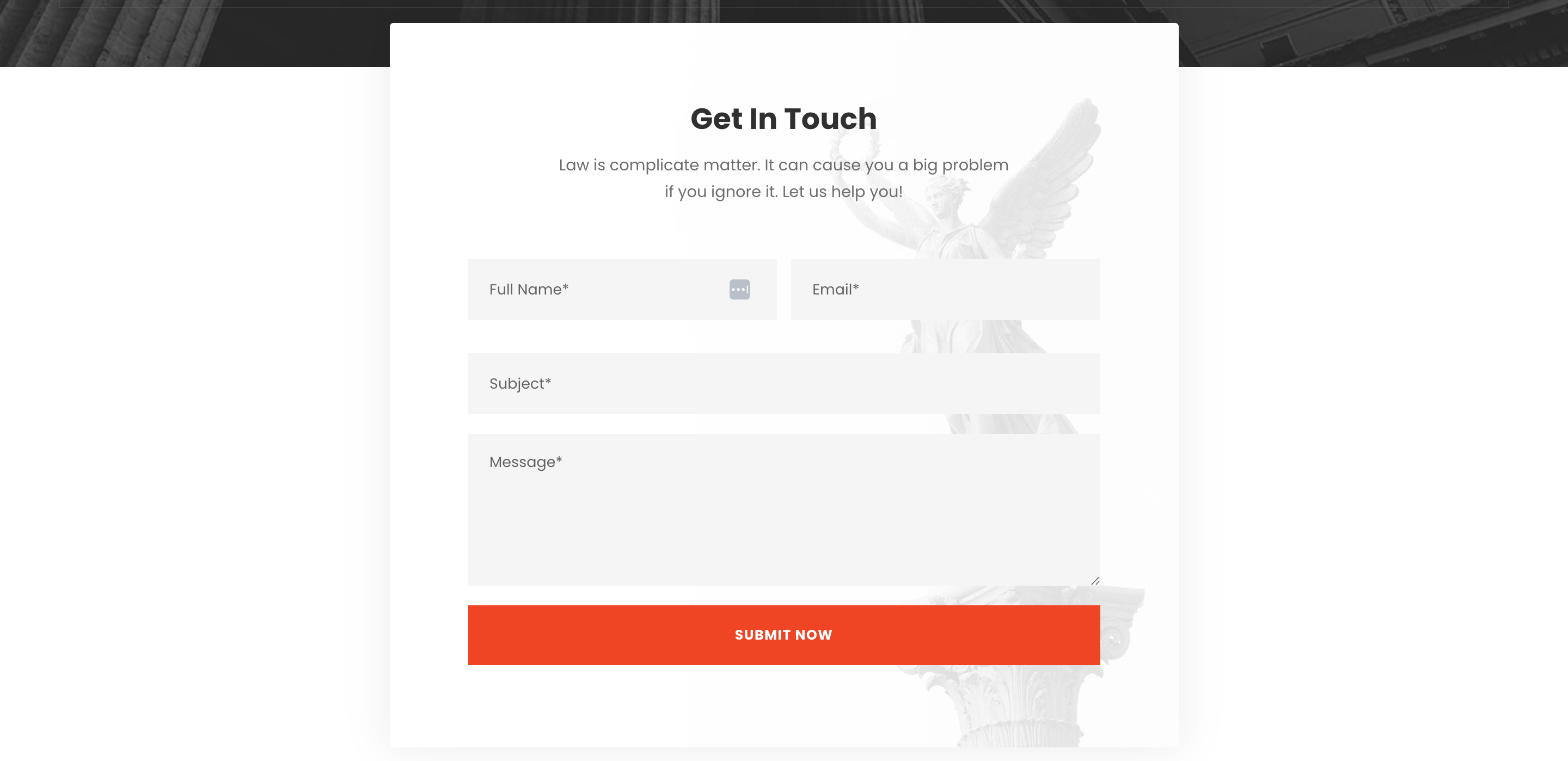 Get In Touch contact form with Full Name, Email, Subject, and Message fields and a prominent orange Submit Now button, set against a marble-column background
