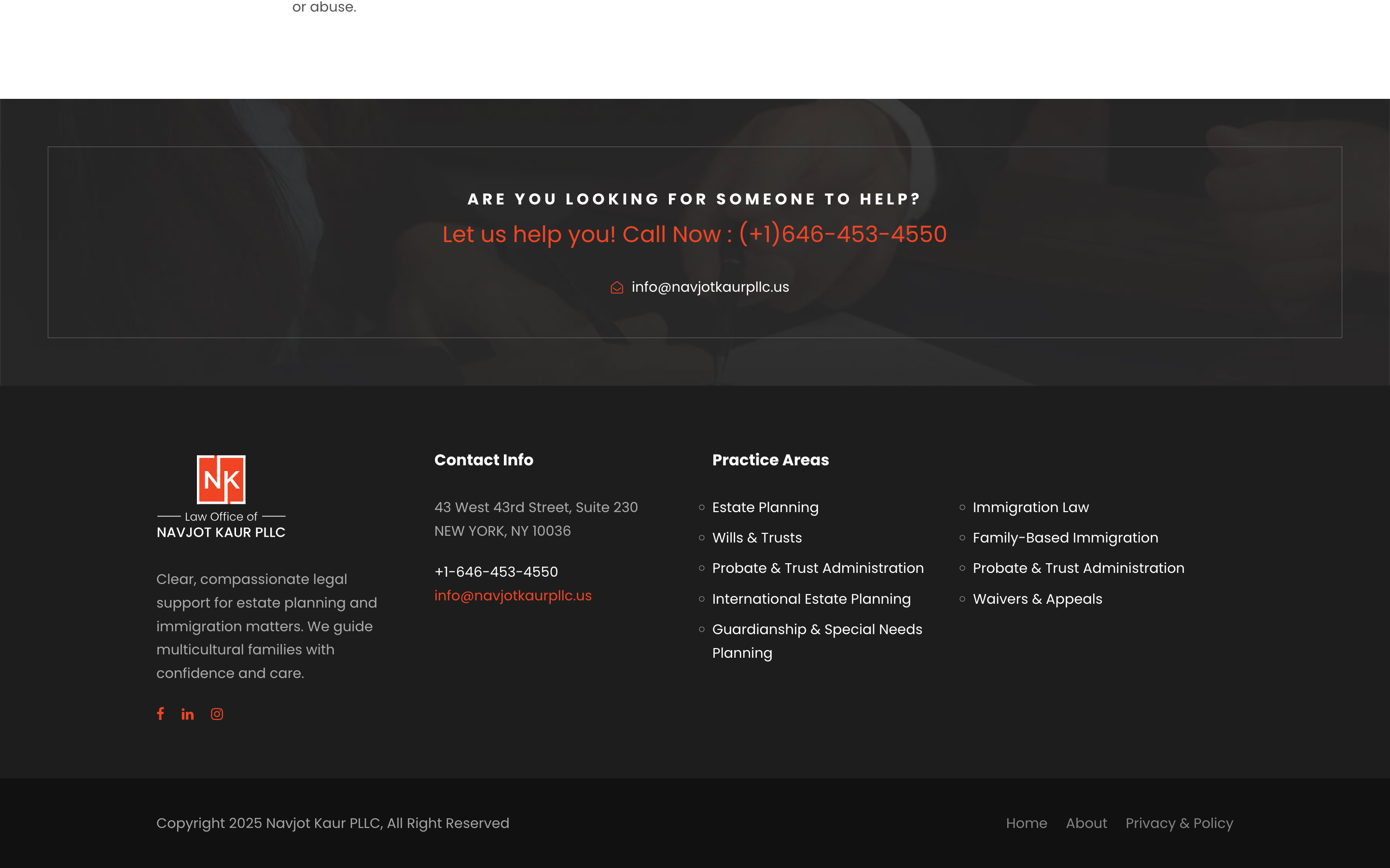 Site-wide CTA banner and footer listing all practice areas, the Midtown Manhattan office address, phone, email, and social channels