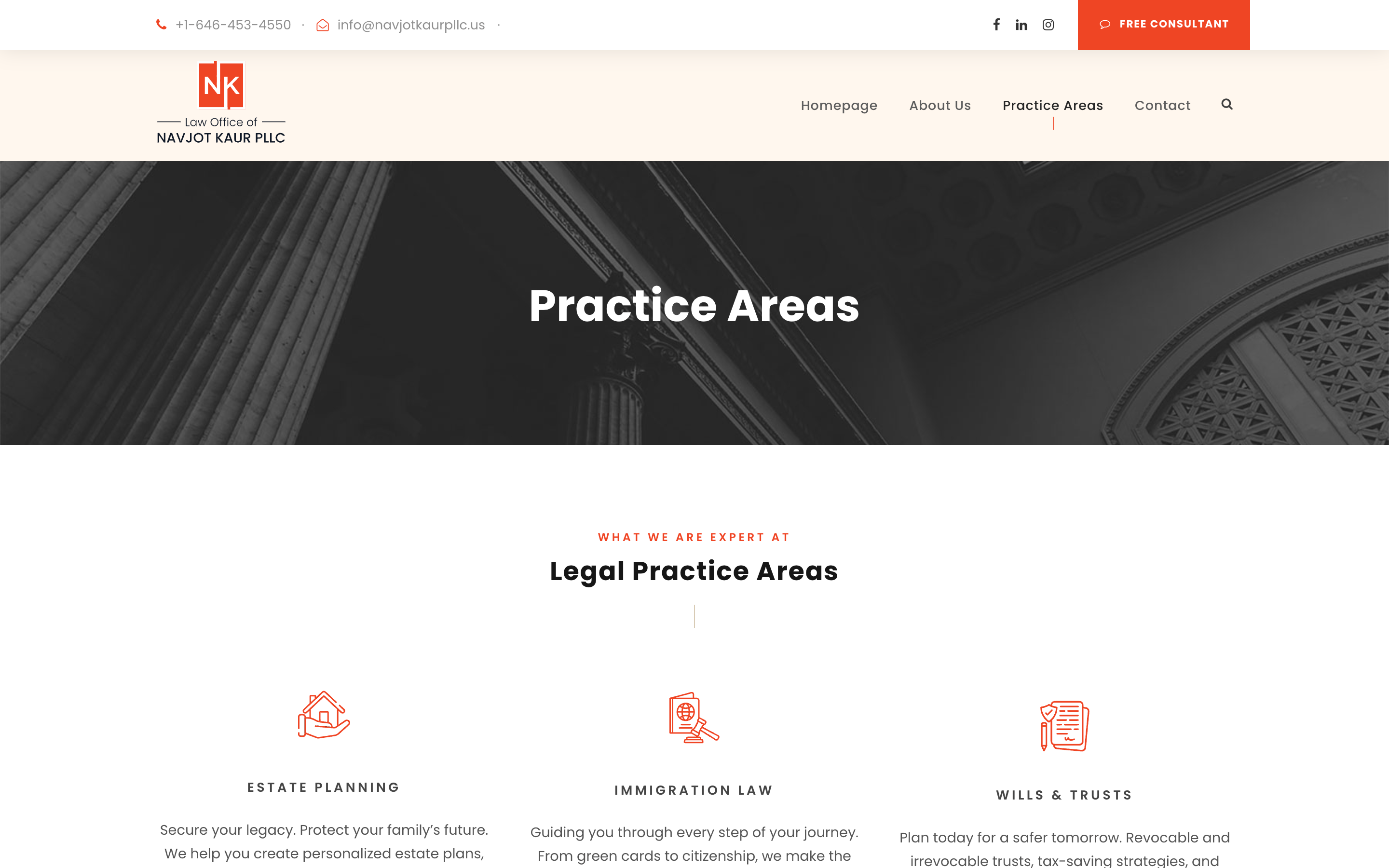 Navjot Kaur PLLC Practice Areas page with marble-column hero, top navigation, and three-column icon grid showing Estate Planning, Immigration Law, and Wills and Trusts