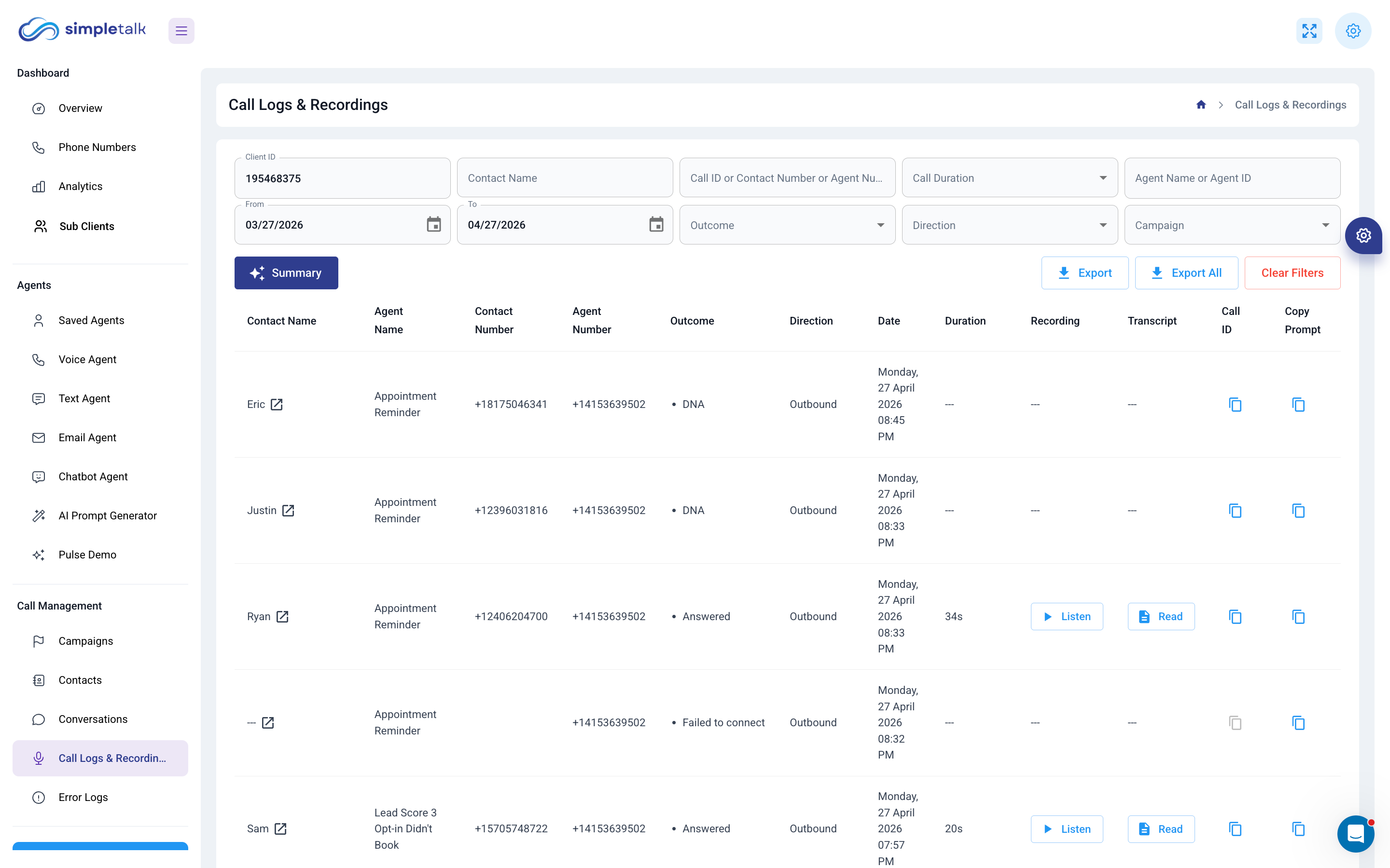 Call Logs and Recordings view with filterable table of inbound and outbound calls, outcome, duration, recording playback, and transcript access for every conversation
