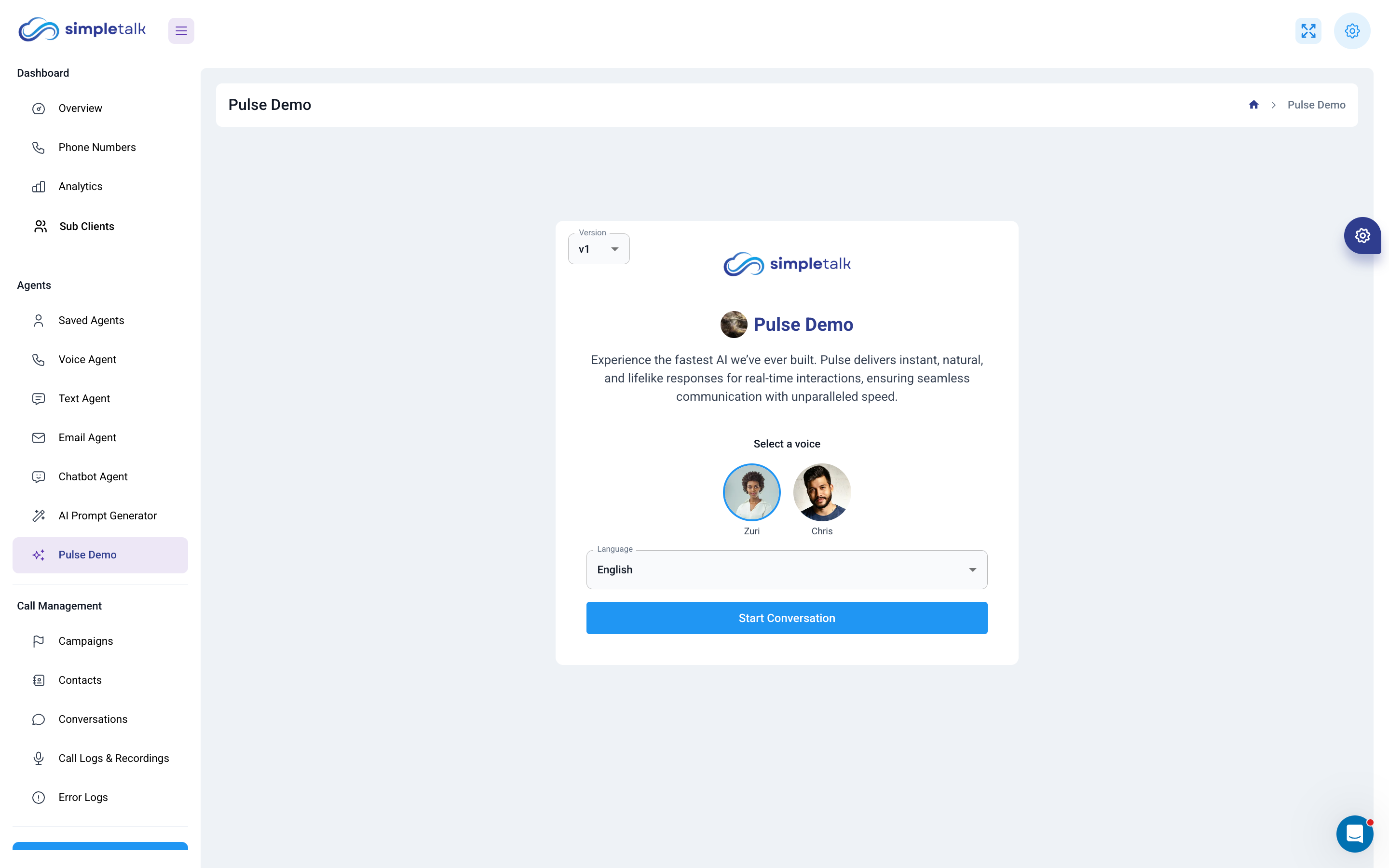 Pulse Demo customer-facing experience with voice picker, language selector, and Start Conversation button to talk live with the AI