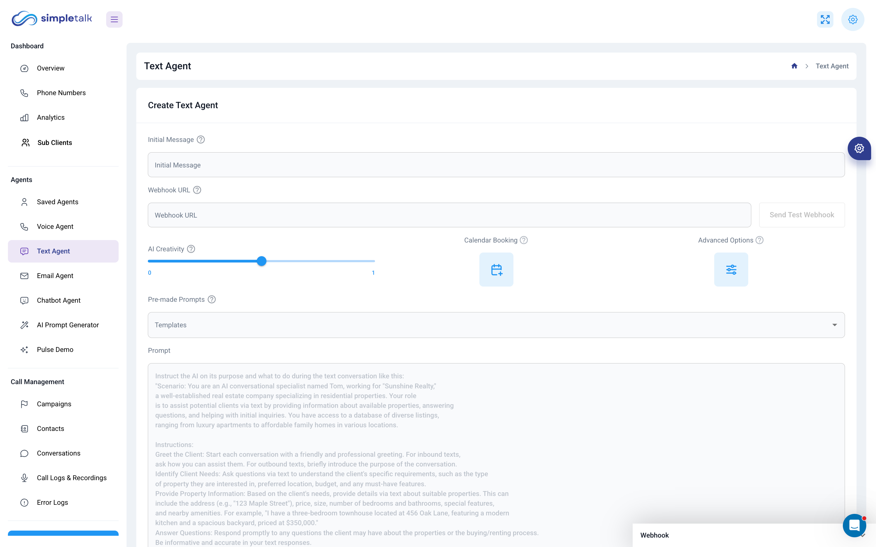 Text Agent builder showing initial message, webhook URL, AI Creativity slider, calendar booking, advanced options, and a long-form prompt with pre-made templates